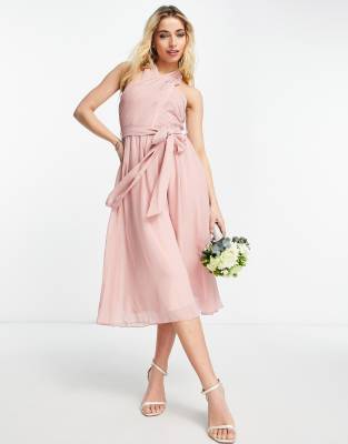 Little Mistress Little Mistress Bridesmaid cross over halter neck dress in pink