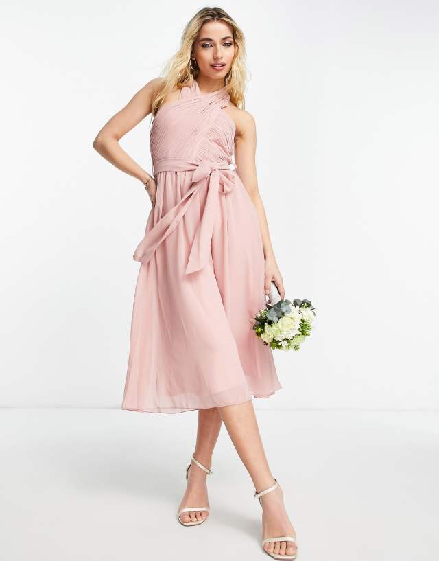 Little Mistress Bridesmaid cross over halter neck dress in pink