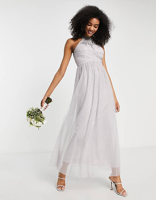 Little Mistress Bridesmaid embellished maxi dress in grey