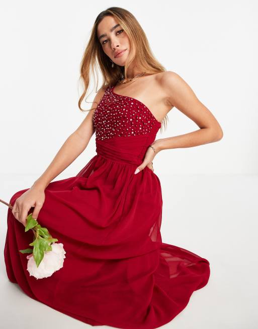 Little Mistress Bridesmaid embellished one shoulder maxi dress in red ASOS