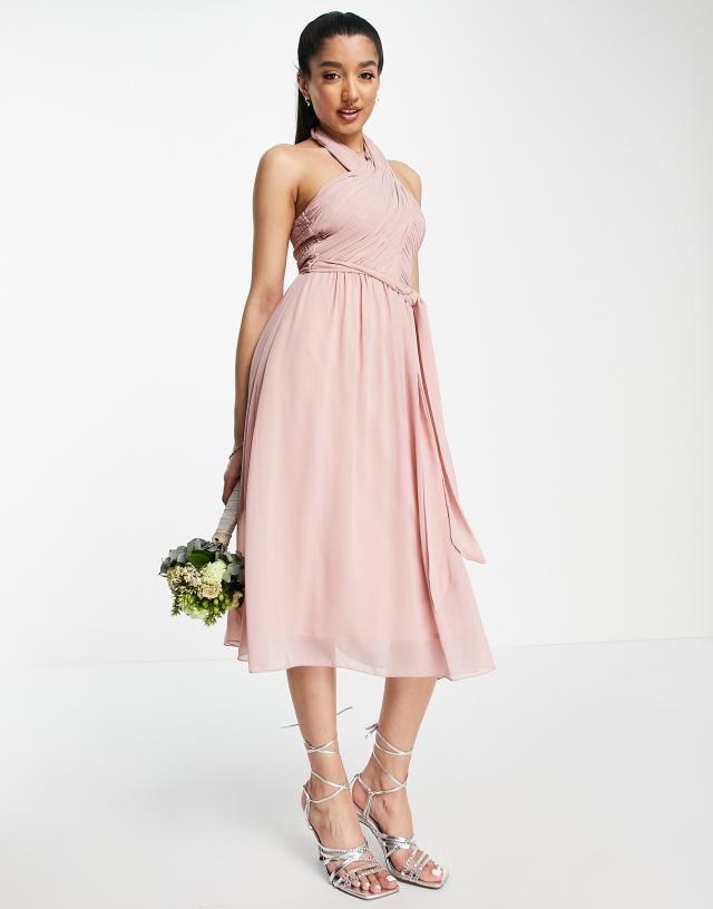 Little Mistress Bridesmaid halter neck midi dress in dusty rose