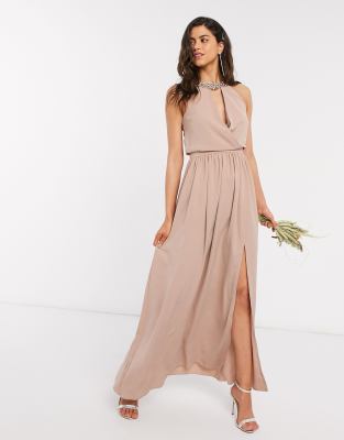 little mistress pearl one shoulder satin top maxi dress