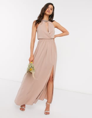 little mistress mink embellished neck maxi dress