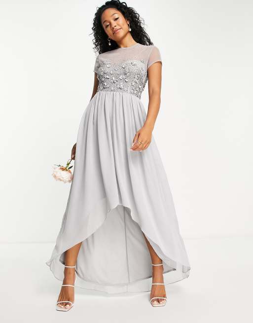 Little Mistress bridesmaid hand embellished sequin hi-low dress in grey, 2 of 4