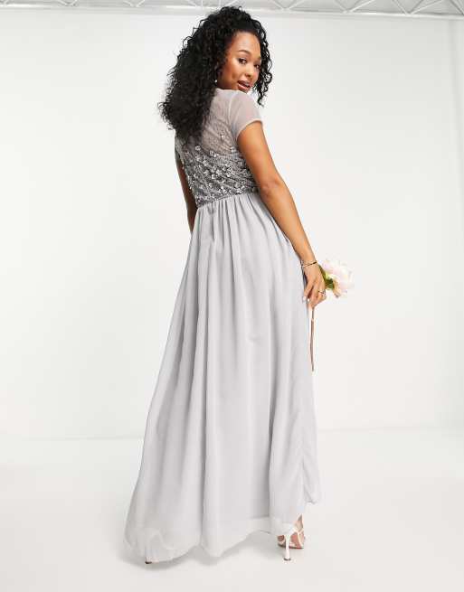 Little Mistress bridesmaid hand embellished sequin hi-low dress in grey, 3 of 4