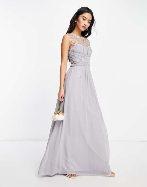 Little Mistress bridesmaid high neck dress in grey | ASOS