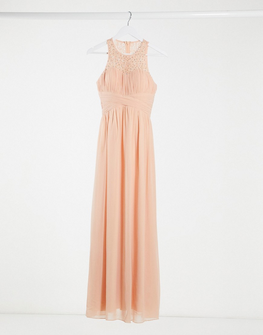 Little Mistress bridesmaid lace detail maxi dress in peach-Pink