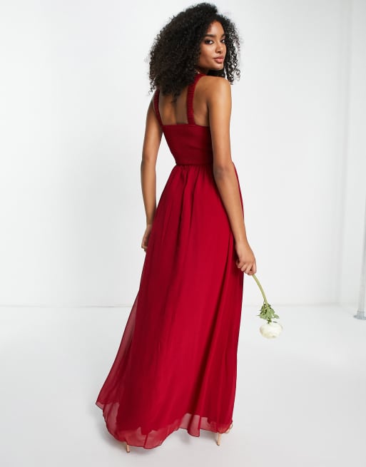 Little Mistress Bridesmaid lace insert maxi dress with keyhole in red