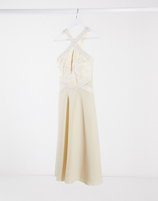 Little Mistress bridesmaid lace trim detail midi dress in buttercup yellow