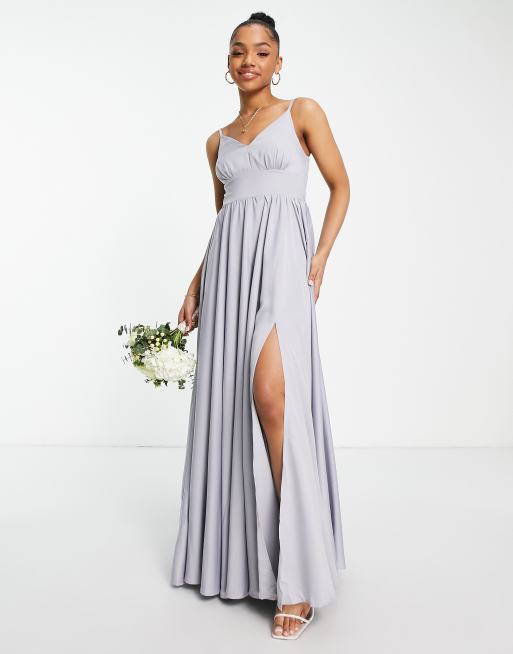 Little Mistress – Bridesmaid – Langes, plissiertes Brautjungfernkleid in Graublau