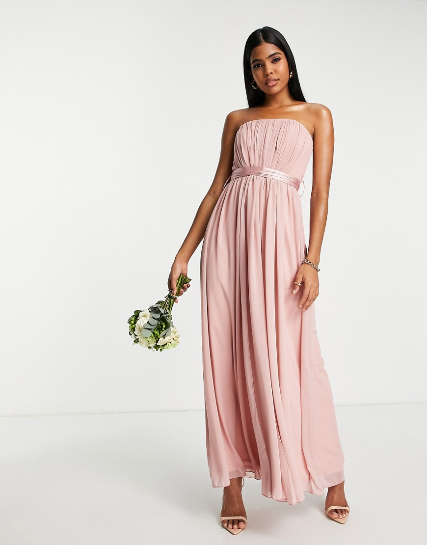 Little Mistress Bridesmaid multiway chiffon shoulder maxi dress in dusty rose-Pink