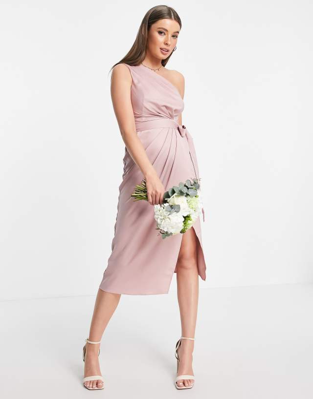 Little Mistress Bridesmaid one shoulder wrap dress in dusty rose