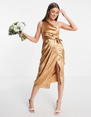 Little Mistress Bridesmaid one shoulder wrap dress in golden caramel