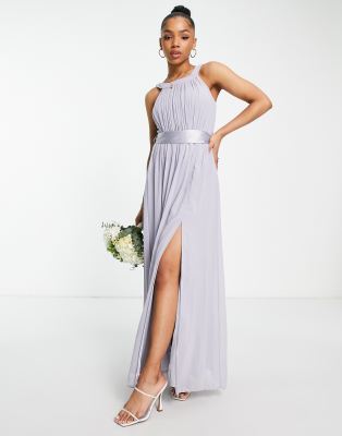 Little Mistress Bridesmaid open shoulder maxi dress in gray blue