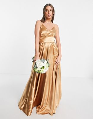 Little Mistress Bridesmaid pleated maxi dress in golden caramel