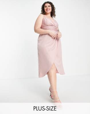 Little Mistress Plus Little Mistress Bridesmaid Plus satin wrap dress in pink