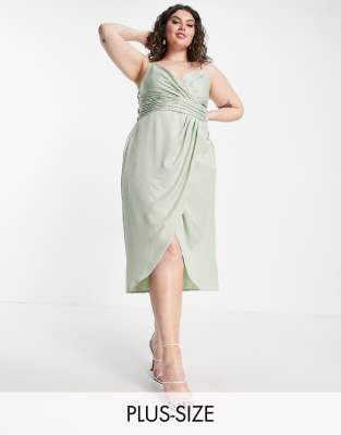 Little Mistress Bridesmaid Plus satin wrap dress in sage green