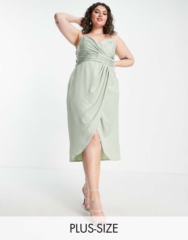 Little Mistress Bridesmaid Plus satin wrap dress in sage green