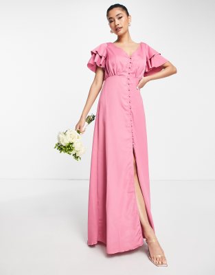 Little Mistress Bridesmaid Satin Maxi Dress With Flutter Sleeves In Dark Pink