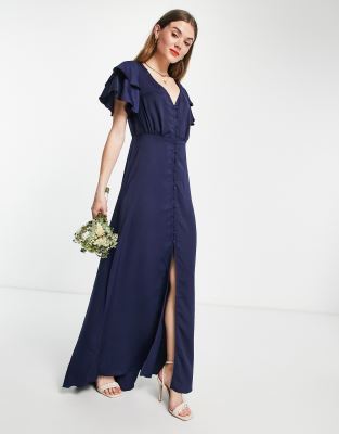 Little Mistress Bridesmaid  satin maxi dress with flutter sleeves in navy