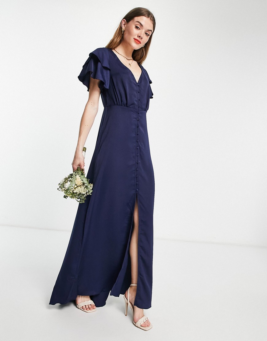 Little Mistress Bridesmaid Satin Maxi Dress With Flutter Sleeves In Navy