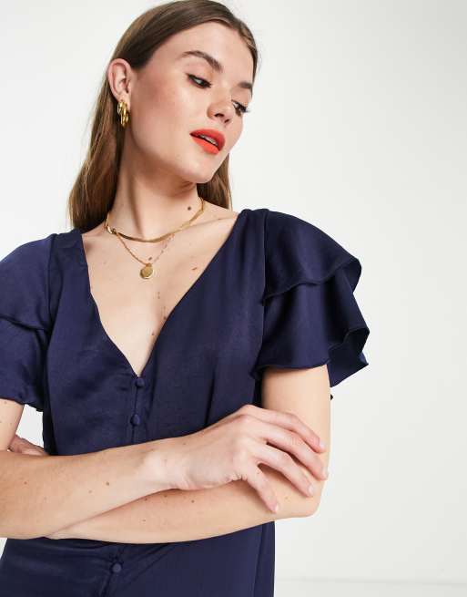 Little Mistress Bridesmaid  satin maxi dress with flutter sleeves in navy, 2 of 4