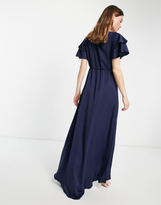 Little Mistress Bridesmaid  satin maxi dress with flutter sleeves in navy, 3 of 4