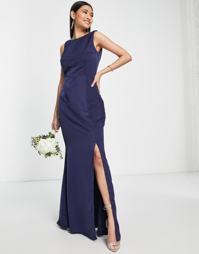 Little Mistress Bridesmaid satin maxi dress with open back in navy