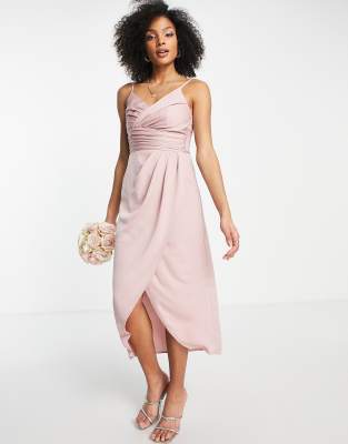 Little Mistress Little Mistress Bridesmaid satin wrap dress in pink