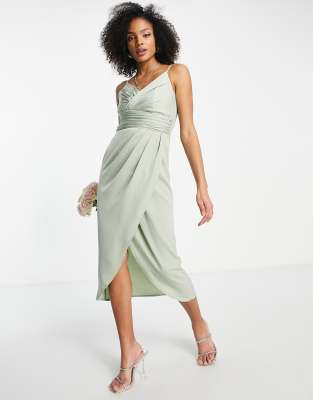 Little Mistress Bridesmaid Satin Wrap Dress In Sage Green | ModeSens