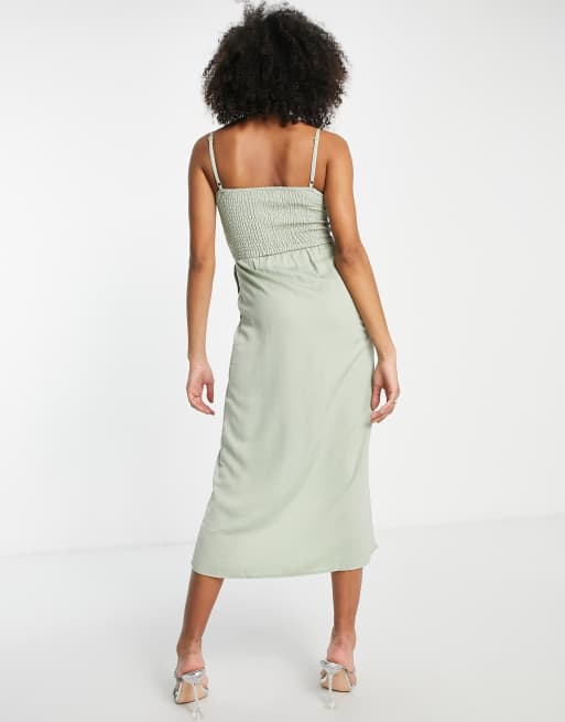 Little Mistress Bridesmaid satin wrap dress in sage green | ASOS