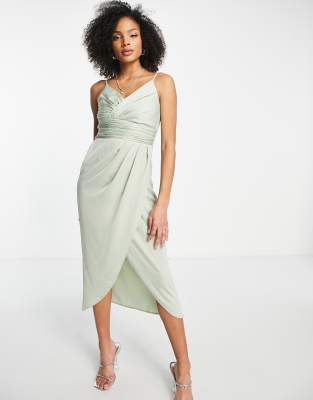 Little Mistress Bridesmaid satin wrap dress in sage green | ASOS