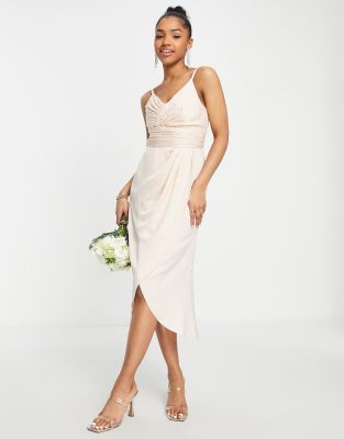 Little Mistress Bridesmaid satin wrap dress in sand-Orange 112748556