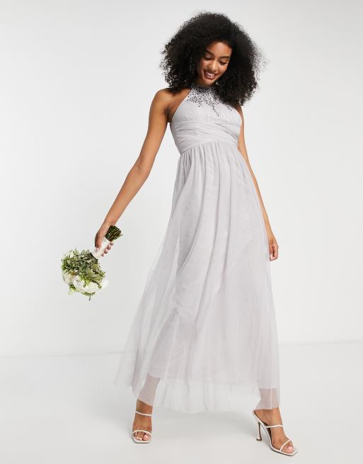 Little Mistress Bridesmaid – Szara sukienka maxi ze zdobieniami