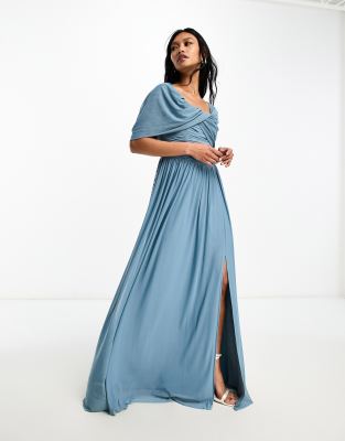 Little Mistress Bridesmaids bardot gathered maxi dress in mesh in blue |  ASOS