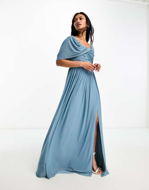 Little Mistress Bridesmaids bardot gathered maxi dress in mesh in blue ASOS