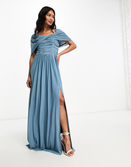 Little Mistress Bridesmaids bardot gathered maxi dress in mesh in blue ASOS