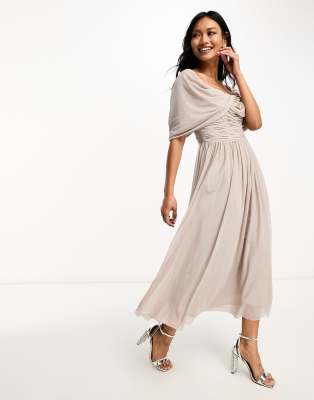 Little Mistress Bridesmaids Bardot Gathered Midi Dress In Mesh In Mink-purple