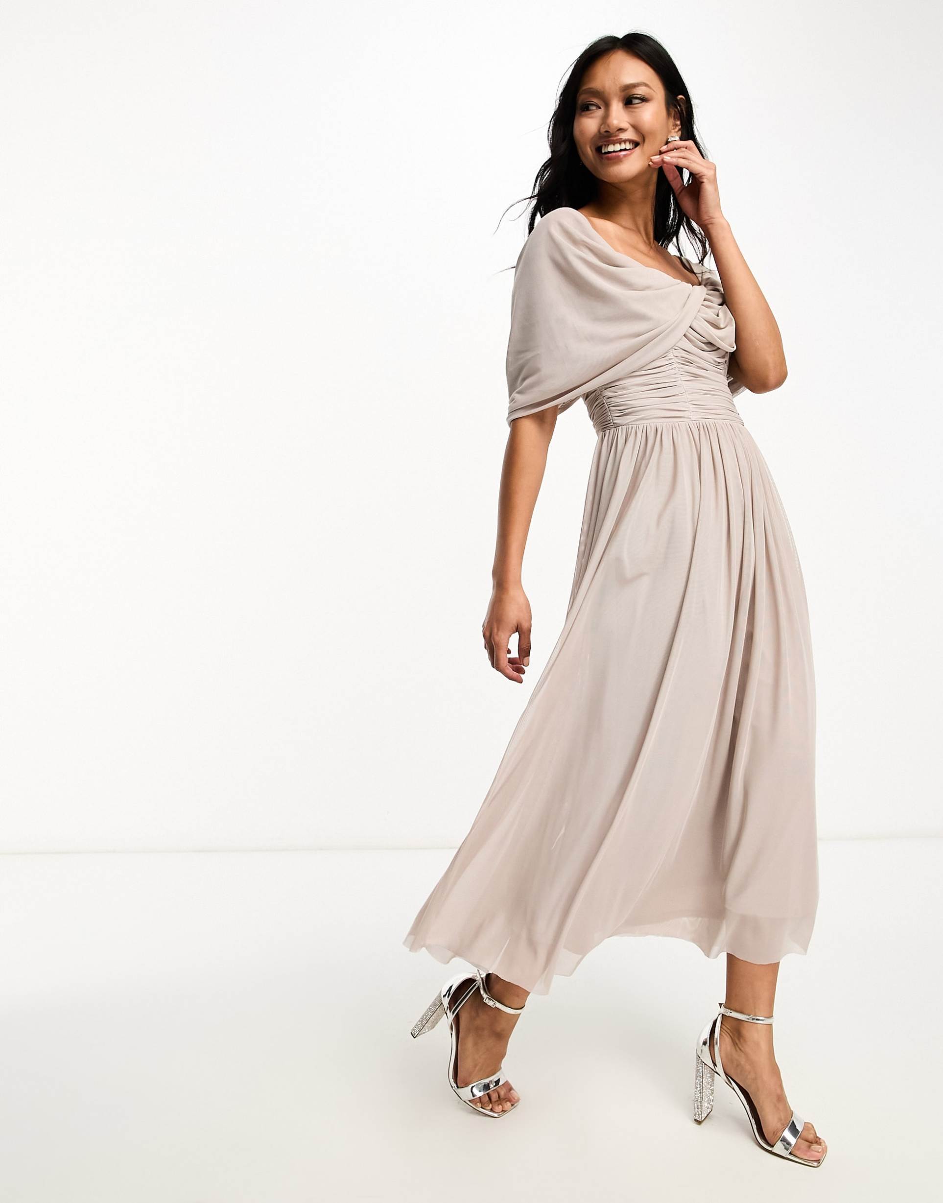 little mistress bridesmaids bardot gathered midi dress in mesh in mink