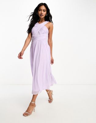 Little Mistress Bridesmaids cross front gathered midi dress in mesh in lilac