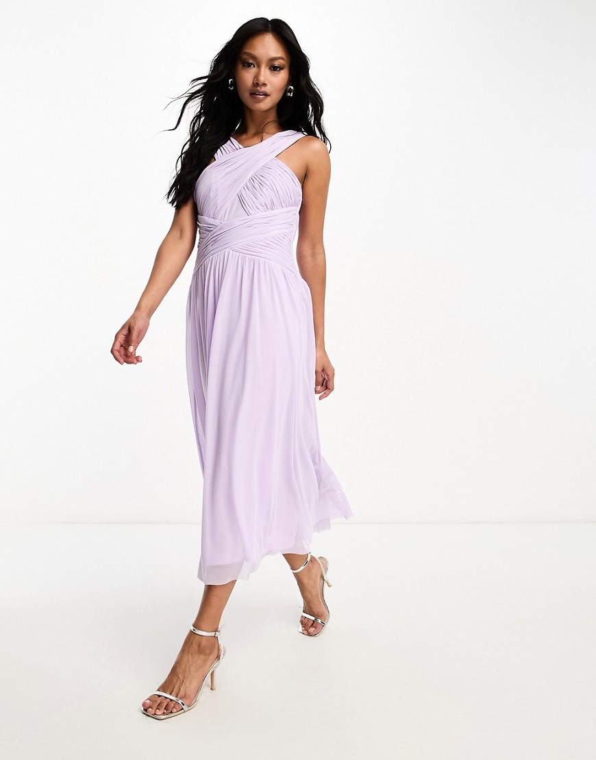 Little Mistress Bridesmaids cross front gathered midi dress in mesh in lilac-Purple
