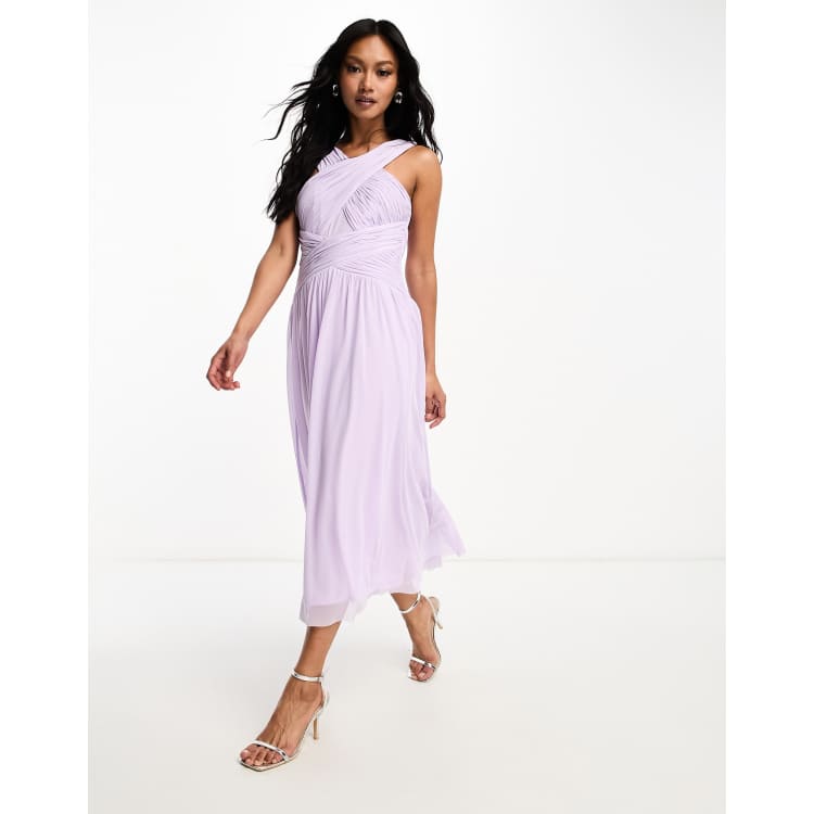 Little Mistress Bridesmaids cross front gathered midi dress in mesh in lilac
