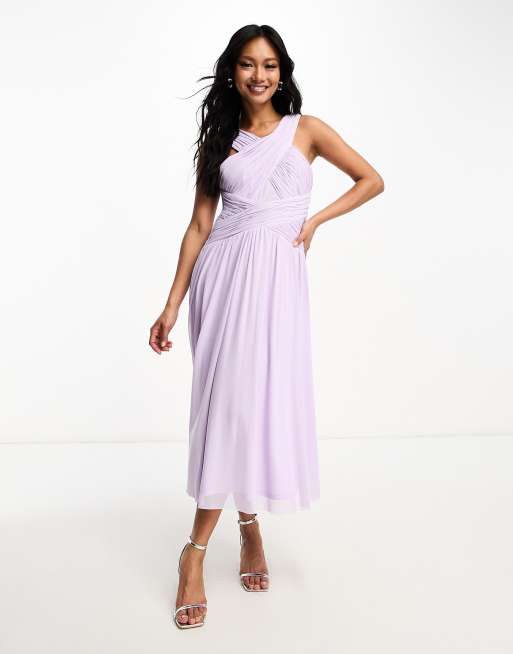 Little Mistress Bridesmaids cross front gathered midi dress in mesh in  lilac