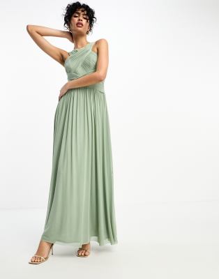 Little Mistress Bridesmaids cross front mesh maxi dress in sage green