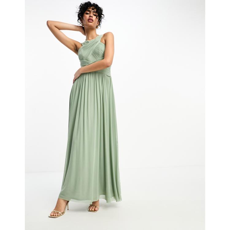 Little Mistress Bridesmaids cross front mesh maxi dress in sage