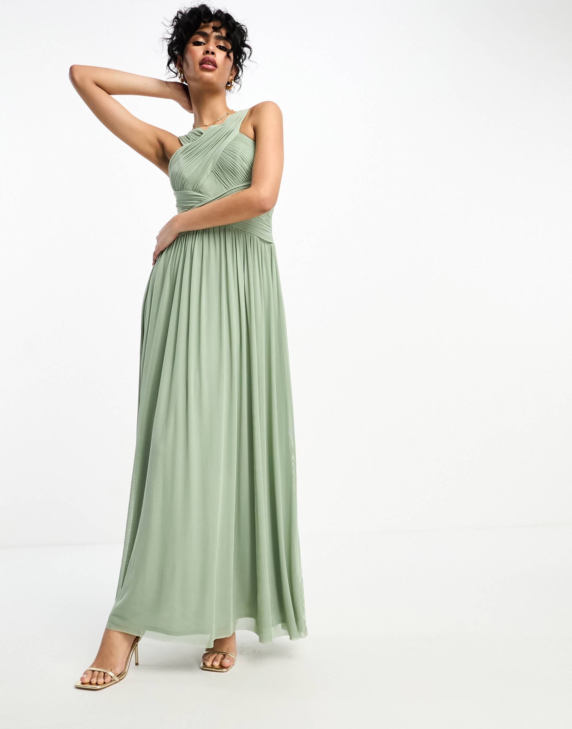 little mistress bridesmaids cross front mesh maxi dress in sage green