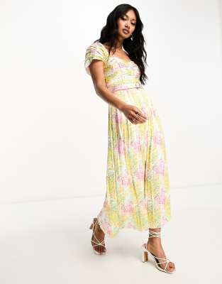 Little Mistress cap sleeve pleat midi dress in mixed floral-Multi