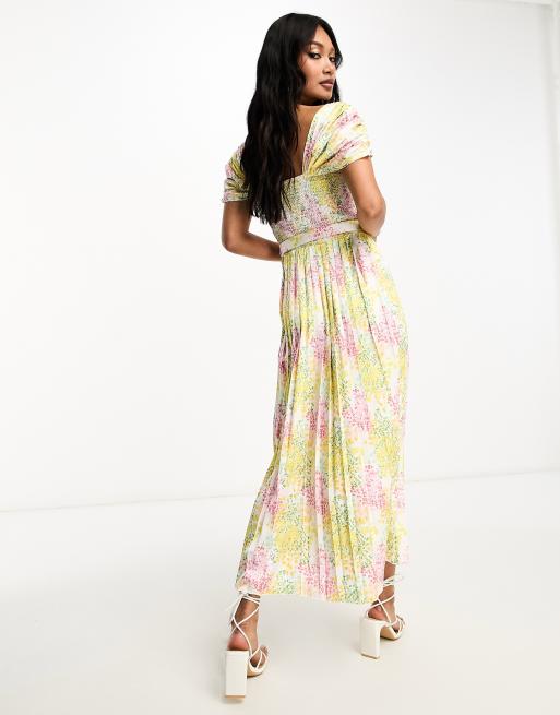 Little Mistress cap sleeve pleat midi dress in mixed floral