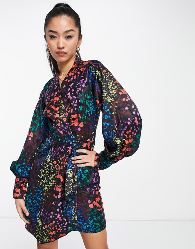 Little Mistress color pop printed satin wrap dress