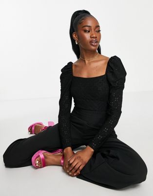 Little Mistress square neck jumpsuit in black broderie - ASOS Price Checker